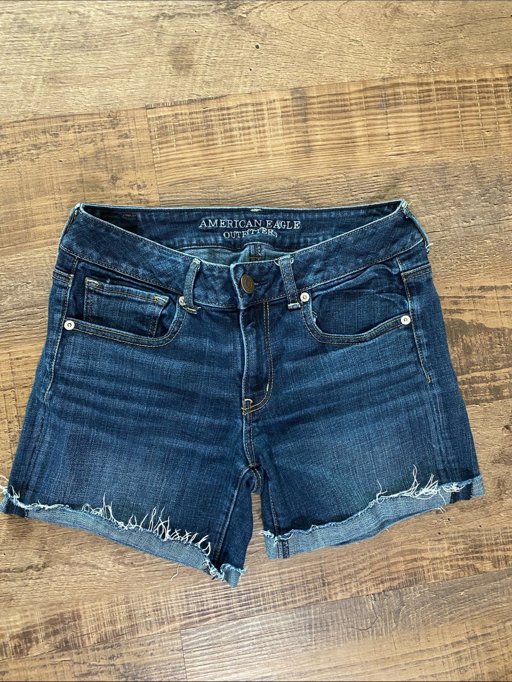 American Eagle Outfitters Dark Blue Frayed Hem Denim Shorts